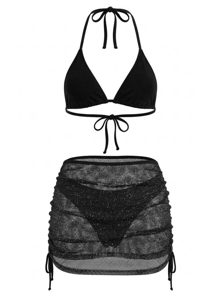 Schwarz 1940er Uni Halter Bikini Set & Häkel Cover-Up