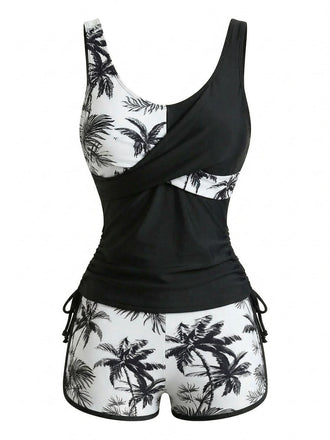 Tankini-Set mit Palmenmuster und Farbblockmuster aus den 1950er Jahren