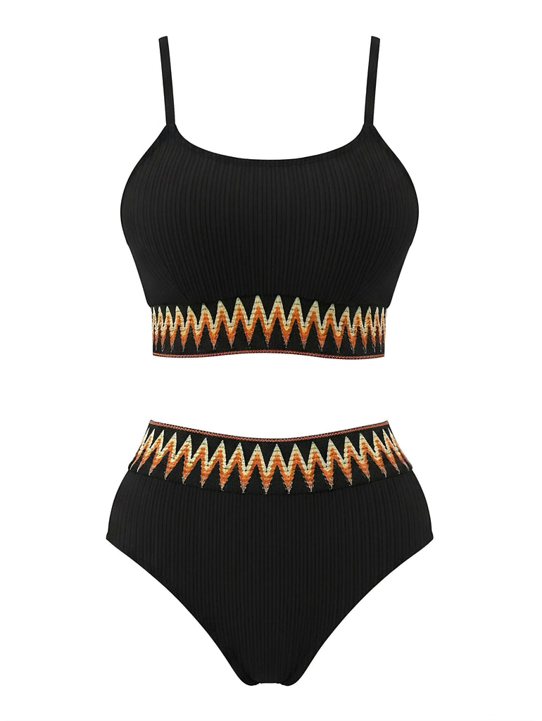 Schwarz 1950er Zigzag Muster Hochgeschnitten Gerippt Bikini Set