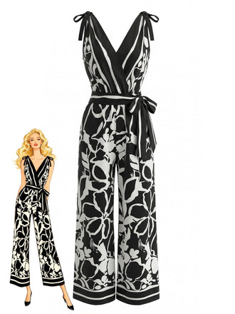 Ärmelloser Jumpsuit mit Blumenmuster und V-Ausschnitt im Stil der 1970er Jahre mit weitem Bein