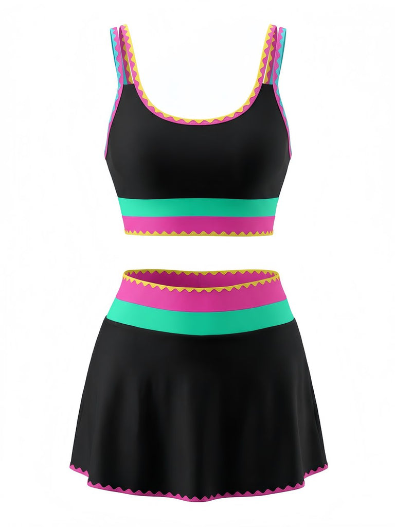 Schwarz 3PCS 1950er Kontrast Zickzack Besatz Tankini Set & Cover-Up