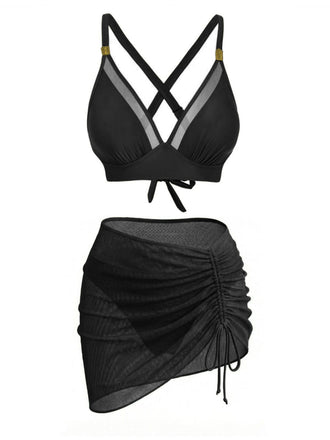 Vorderseite: 3-teiliges Bikini-Set aus den 1950er Jahren mit massiven Metallknöpfen, eleganter Vintage-Stil, perfekt für Liebhaberinnen von Vintage-Mode