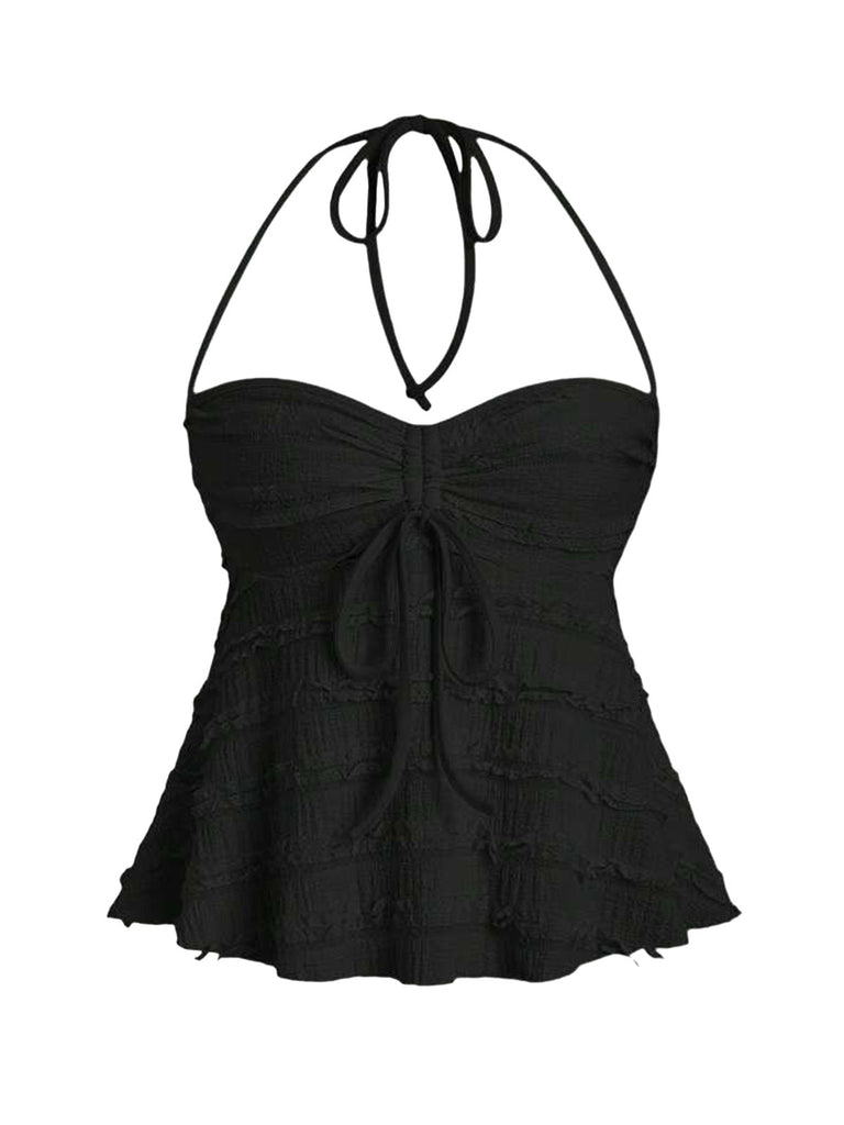 Schwarzes Y2K Babydoll-Top mit einfarbigem, strukturiertem Neckholder und Raffungen, Vorderansicht