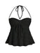 Schwarzes Y2K Babydoll-Top mit einfarbigem, strukturiertem Neckholder und Raffungen, Vorderansicht