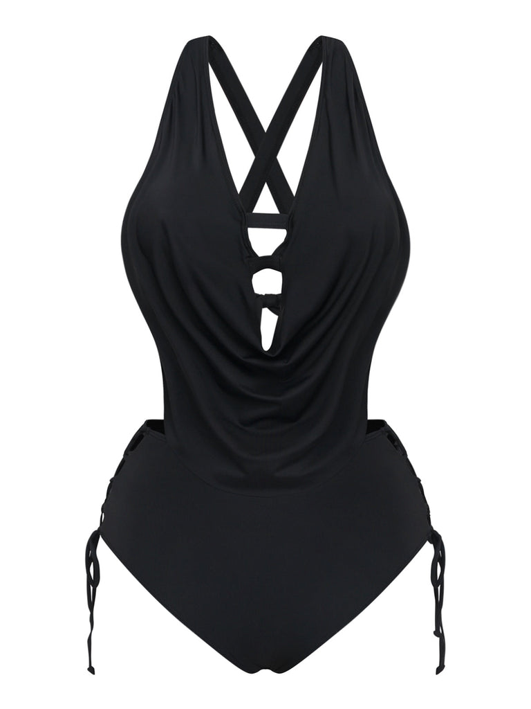 Schwarzer Vintage-Tankini mit gekreuzten Cut-out-Details und Schnürung im Stil der 1940er Jahre
