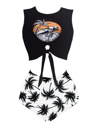 Schwarz 1980er Punk Taillen Tie Skeleton Strand Bikini Set