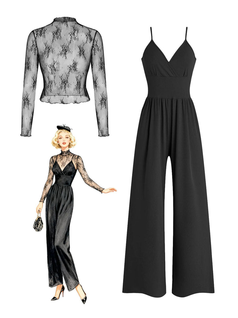 Ein schickes schwarzes zweiteiliges Set bestehend aus einem transparenten, hochgeschlossenen Oberteil aus floraler Spitze und einem dazu passenden Jumpsuit mit weitem Bein, abgebildet mit einer Vintage-Illustration.
