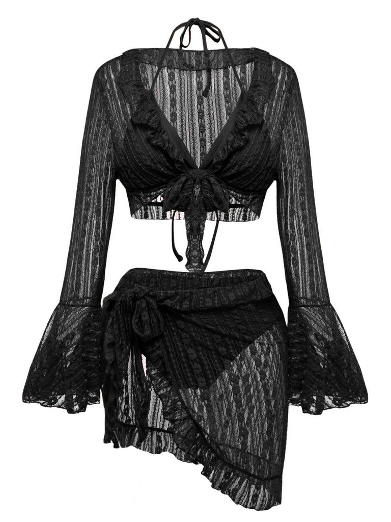 Vorder- und Rückansicht des dreiteiligen Bikini-Sets mit Glockenärmeln in elegantem Schwarz.