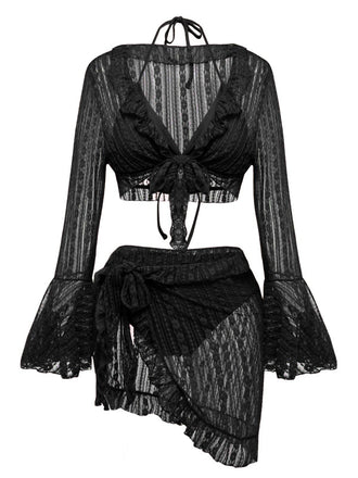 Vorder- und Rückansicht des dreiteiligen Bikini-Sets mit Glockenärmeln in elegantem Schwarz.