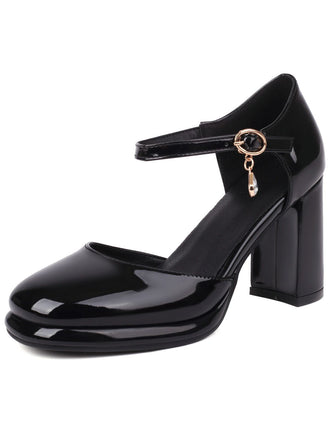 Schwarz Vintage Lackleder Knöchelriemen Block Absatz Pumps