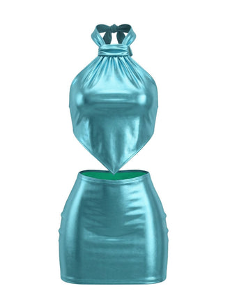 Türkis 1980er Metallic Halter Rückenbindung Mini Kleid