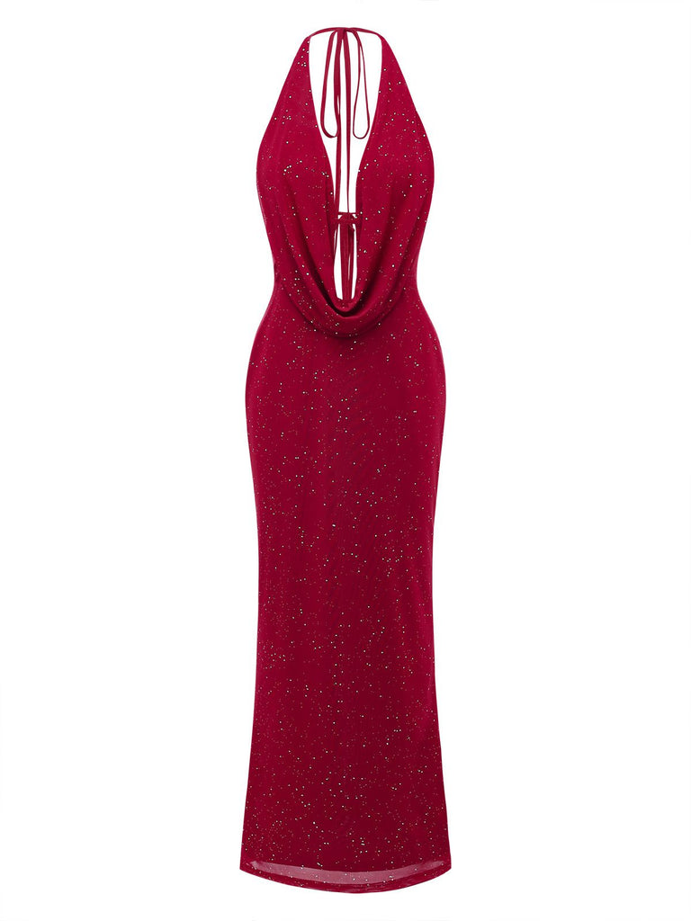 Tiefrot 1980er Rückenfreies Glitzer Wasserfallkragen Halter Schlitz Maxi Kleid