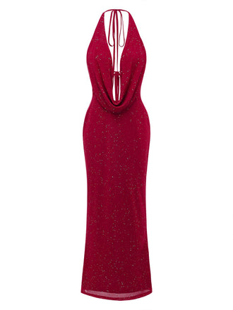 Tiefrot 1980er Rückenfreies Glitzer Wasserfallkragen Halter Schlitz Maxi Kleid