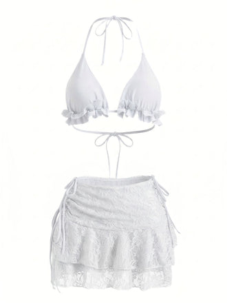 Weiß 1960er Rüschen Halter Bikini Set & Blumen Spitze Cover-Up