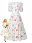 Weiß 1930er Blumen Rüschen Schulterfrei Puffärmel Kleid
