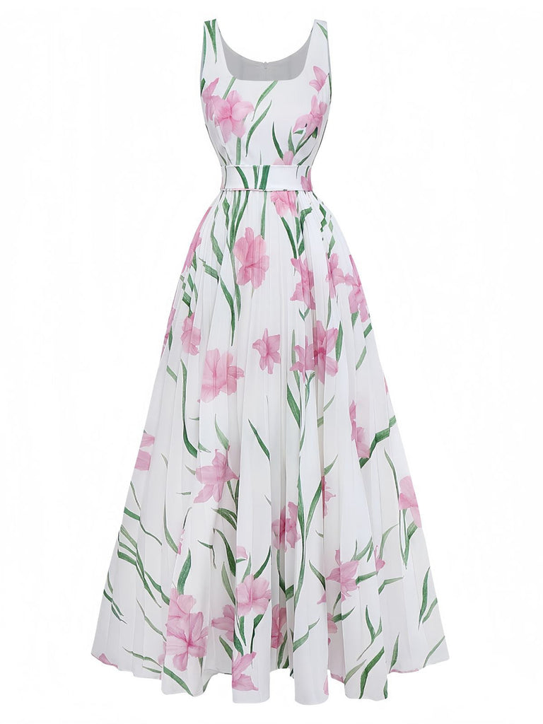 Weiß 1930er U-Ausschnitt Blumen Ärmellos Maxi Kleid