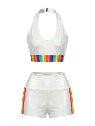 Weiß 1960er Regenbogen Patchwork Bikini Set