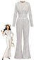 Weiß 1970er Spitze Langarm Ausgestellt Beine Jumpsuit