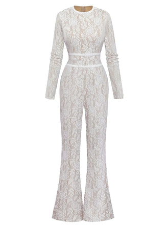 Weiß 1970er Spitze Langarm Ausgestellt Beine Jumpsuit