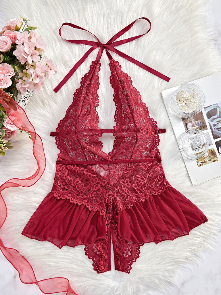 Weinrot-1980er Halter Spitze Dessous mit Leopard Druck Rock