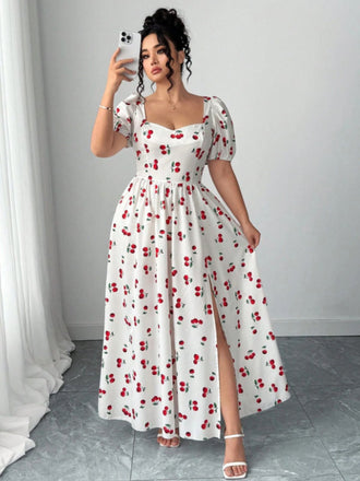 [Übergröße] Weißes 40er Maxikleid mit Kirschen und Print