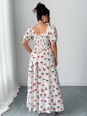 [Übergröße] Weißes 40er Maxikleid mit Kirschen und Print