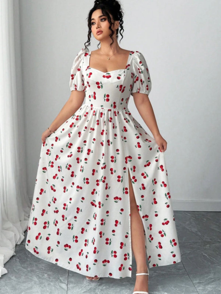 [Übergröße] Weißes 40er Maxikleid mit Kirschen und Print