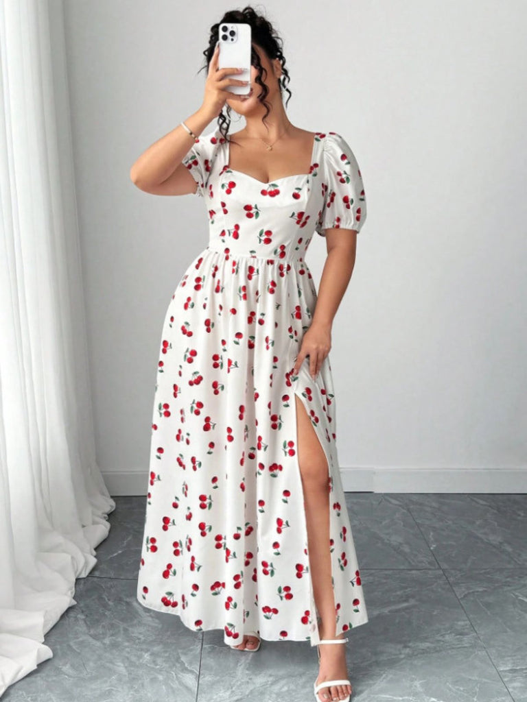 [Übergröße] Weißes 40er Maxikleid mit Kirschen und Print