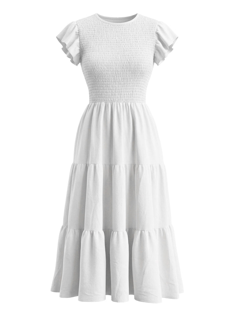 Weißes 40er Smockkleid mit Flatterärmel und gestuft