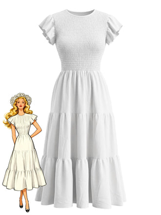Weißes 40er Smockkleid mit Flatterärmel und gestuft