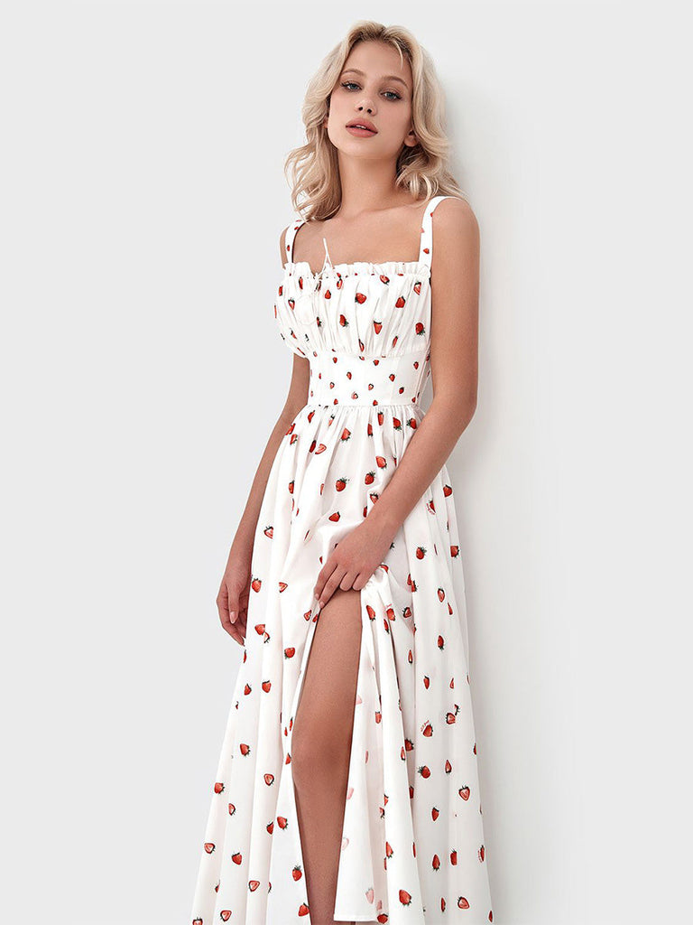 Weißes 40er Kleid mit Träger und Erdbeere