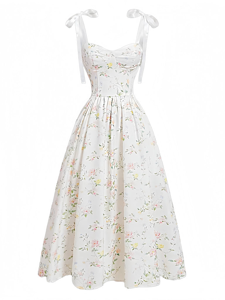 Weißes 40er Smockkleid mit Blumen und Bindeband