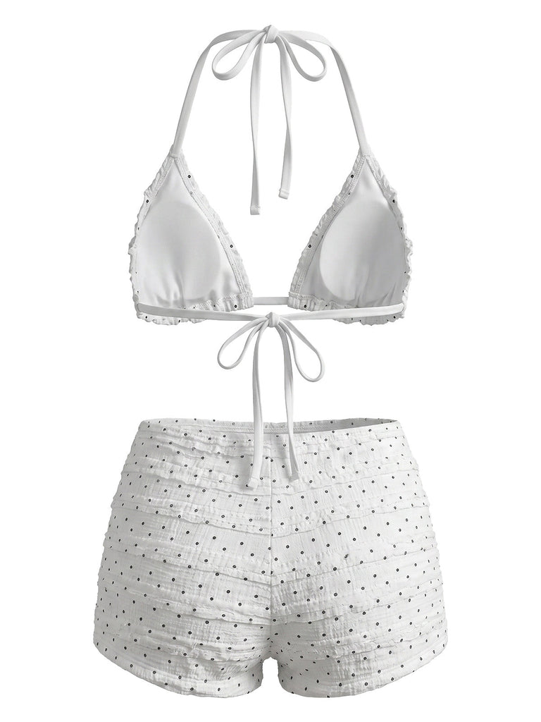 Weißes 50er Bikini-Set mit Polka-Dots und Neckholder