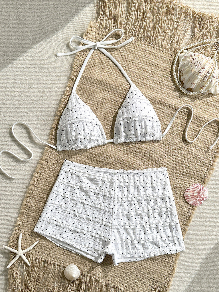 Weißes 50er Bikini-Set mit Polka-Dots und Neckholder