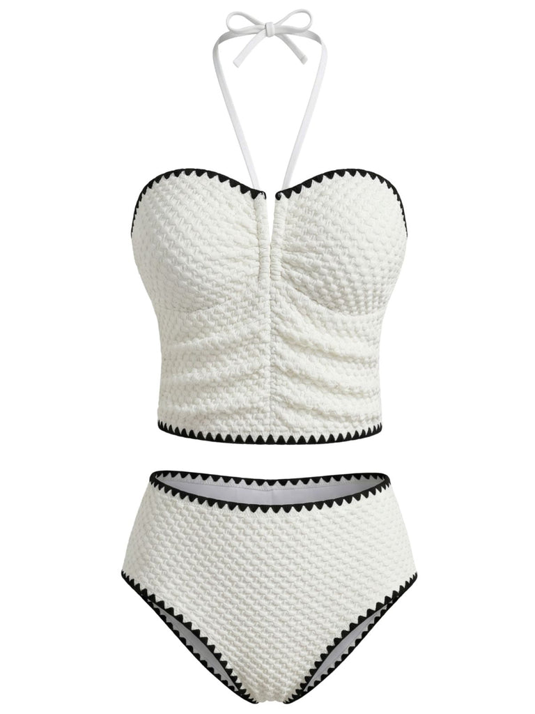 Weißes 50er Trägerloses Tankini-Set mit Neckholder und Struktur