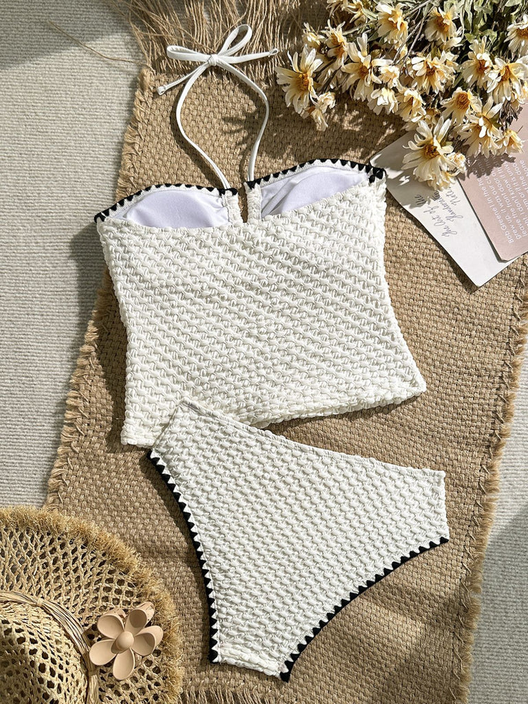 Weißes 50er Trägerloses Tankini-Set mit Neckholder und Struktur