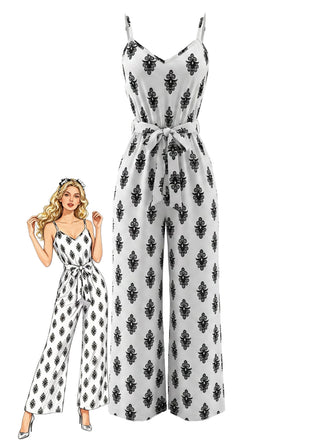 Weißer 70er Jumpsuit mit V-Ausschnitt und Print