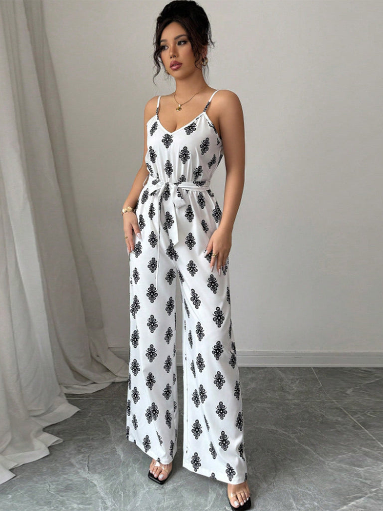Weißer 70er Jumpsuit mit V-Ausschnitt und Print