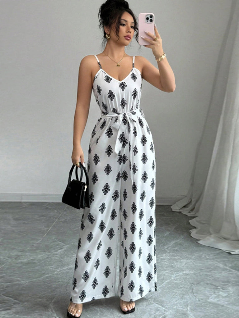 Weißer 70er Jumpsuit mit V-Ausschnitt und Print