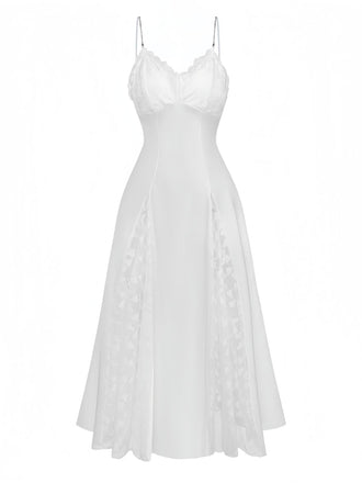 Weiß 50er Satin-Nachthemd mit Spitze und Strass