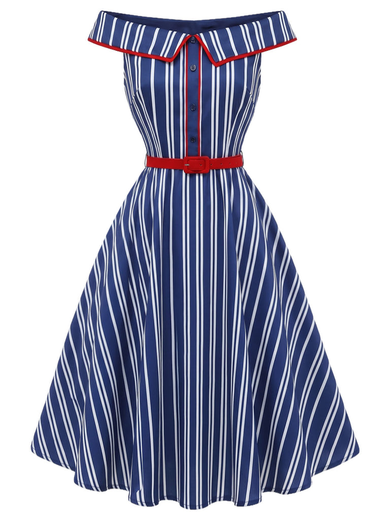 Blaues 50er schulterfreies Swingkleid mit Streifen