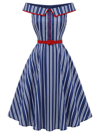 Blaues 50er schulterfreies Swingkleid mit Streifen