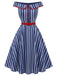 Blaues 50er schulterfreies Swingkleid mit Streifen