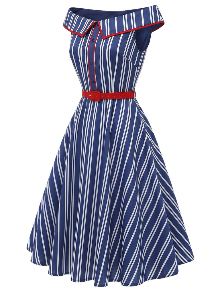 Blaues 50er schulterfreies Swingkleid mit Streifen