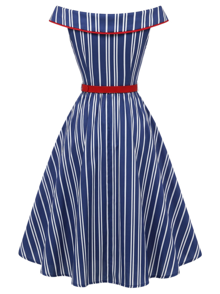 Blaues 50er schulterfreies Swingkleid mit Streifen