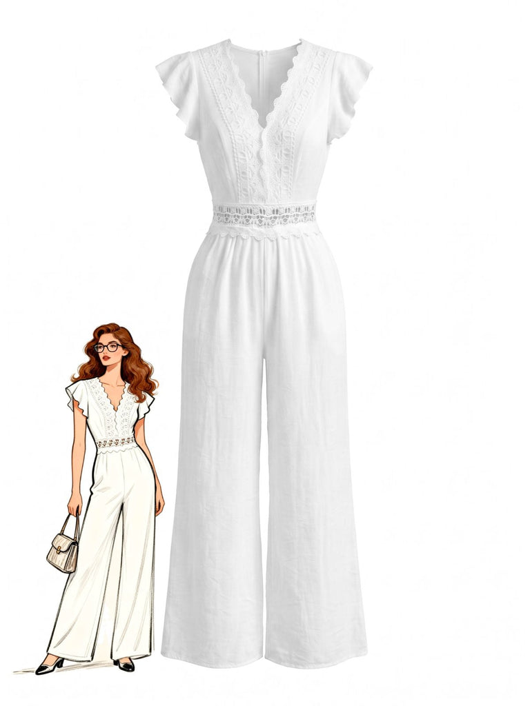 Weißer 50er Jumpsuit mit Flatterärmel und V-Ausschnitt
