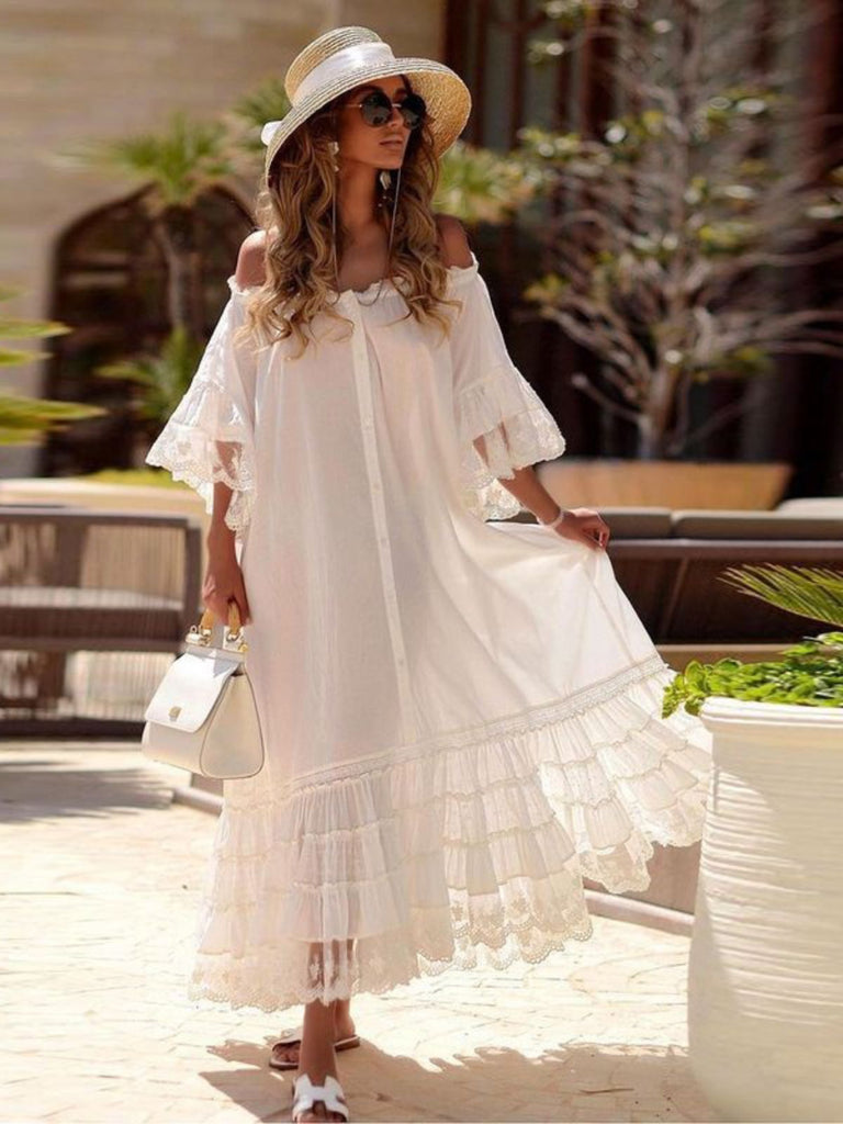 Weiß 1970er Schulterfrei Spitze Gestuft Boho Kleid