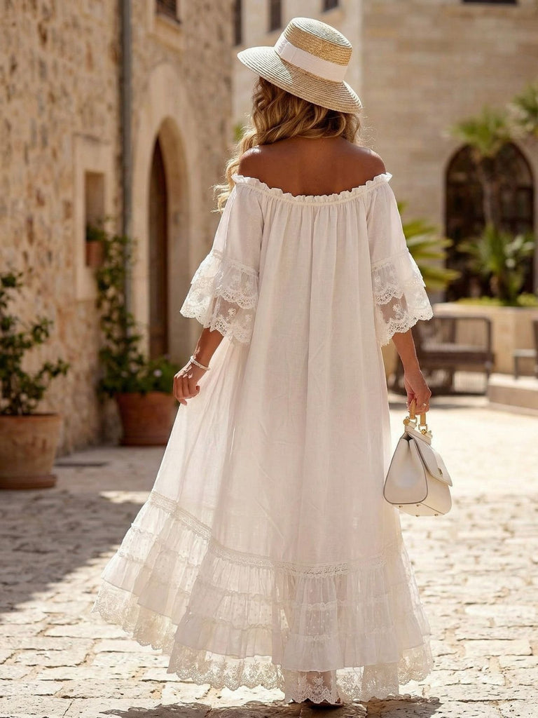 Weiß 1970er Schulterfrei Spitze Gestuft Boho Kleid