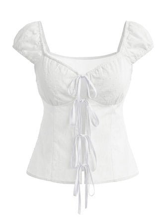 Weiße 70er Bluse mit Polka-Dots und Schleife