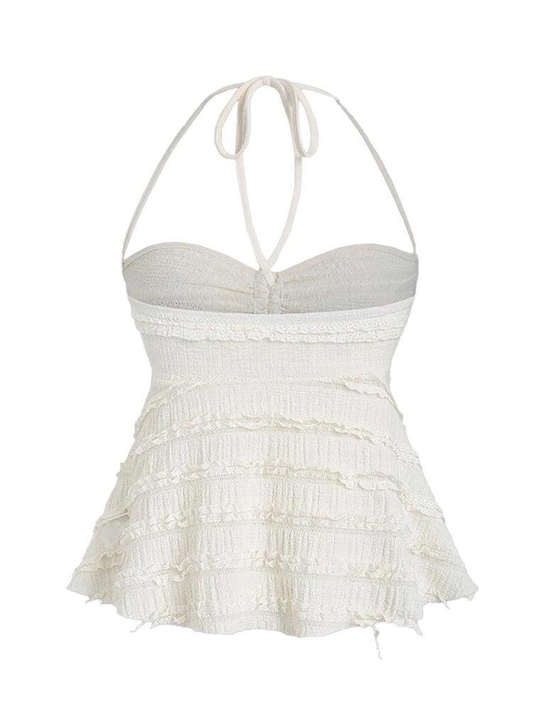 Stilvolles, vom Y2K-Stil inspiriertes, einfarbiges Babydoll-Top mit Neckholder-Ausschnitt und schmeichelhafter Raffung vorne.